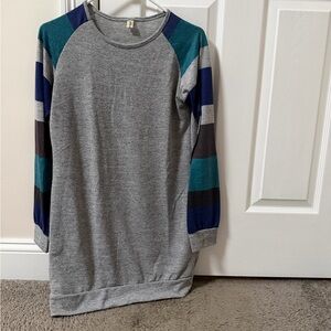 Grey Sweatshirt Dress with Teal & Navy Stripe Sleeves